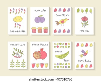 Cute hand drawn doodle baby shower cards, brochures, invitations with cloud, plum, bird, rose, granade, bean, jam,lightening, pomegranate, viburnum, hummingbird . Cartoon objects, animals background