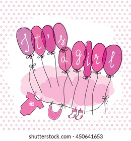 Cute hand drawn doodle baby shower card, cover, background with dots and clouds. It is a girl postcard. Vector illustration.