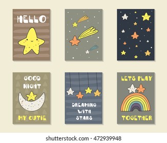 Cute hand drawn doodle baby shower cards, brochures, invitations with stars, falling star, moon, rainbow, starry sky. Cartoon characters background. Printable templates, tags set