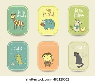 Cute hand drawn doodle baby shower cards, brochures, invitations with zebra, hippo, mice, monkey, crocodile, black panther. Cartoon animals background. Printable templates, tags set