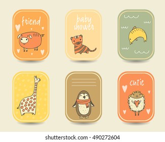 Cute hand drawn doodle baby shower cards, brochures, invitations with pig, tiger, dolphin, giraffe, sheep, penguin. Cartoon animals background. Printable templates, tags set