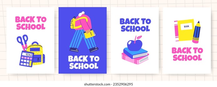 Doodle dibujado a mano a las tarjetas escolares, folletos, carteles, impresiones, fondos, postales, carteles con muchacha, libros, manzana, lápiz, libro de texto, mochila, tijeras, calculadora