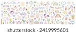Cute hand drawn doodle big set of simple kids decorative elements. Colorful collection of scribble, animal, flower, sun, cloud. Vector illustration