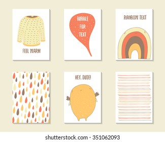 Cute hand drawn doodle birthday, party, baby shower cards, brochures, invitations with stripes, drops, sweater, bubble, rainbow, monster. Cartoon characters, objects background. Printable templates set