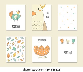 Cute hand drawn doodle birthday, party, baby shower cards, brochures, invitations with  polka dots, leaves, flowers, bird, bear. Cartoon objects background. Printable templates set