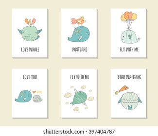 Cute hand drawn doodle birthday, party, baby shower cards, brochures, invitations, postcards with whales. Cartoon objects, animals background. Printable templates set