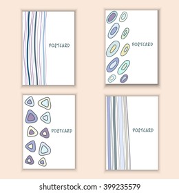 Cute hand drawn doodle birthday, party, baby shower cards, brochures, invitations with bubbles, strips, triangles. Objects background. Printable templates set