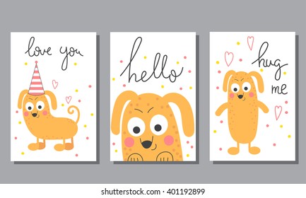 Cute hand drawn doodle birthday, party, baby shower cards, brochures, baby, invitations, postcards with happy dog.Stylish simple design. Vector illustration.