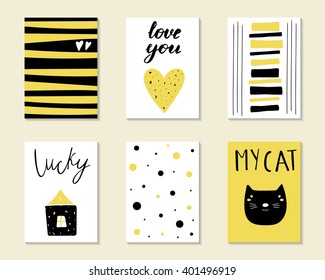 Cute hand drawn doodle birthday, party, baby shower cards, brochures, invitations with cat, house, heart, polka dots. Cartoon objects, animals background. Black and golden printable templates set