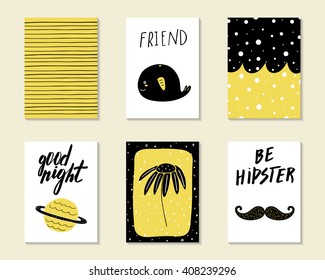 Cute hand drawn doodle birthday, party, baby shower cards, brochures, invitations with whale, planet saturn, mustache, flower, stripes, circles. Cartoon objects background. 