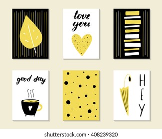 Cute hand drawn doodle birthday, party, baby shower cards, brochures, invitations with heart, cup, umbrella, leaf, stripe. Cartoon objects background. Black and golden printable templates set