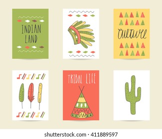 Cute hand drawn doodle birthday, party, baby shower cards, brochures, invitations with indian hat, cactus, feather, wigwam, tribal decorative elements. Cartoon objects background. 