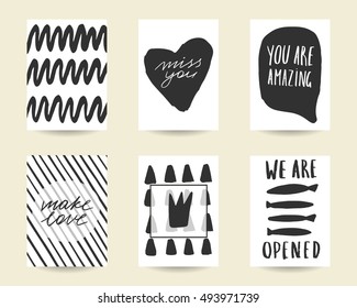 Cute hand drawn doodle black stylish birthday, party, baby shower cards, brochures, invitations with heart, dialog bubble, stripe, waves, crown, fish, triangles. Printable templates set