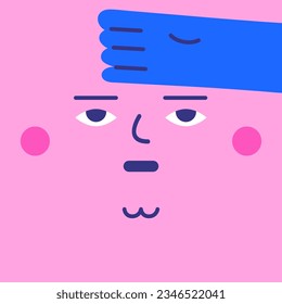 Cute hand drawn doodle bored face with arm on forehead. Pink funny tired mascot with chin. Square cartoon style character for kids, children
