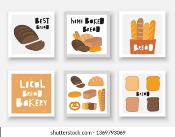 Cute hand drawn doodle bread set including white bread, french baguette, pretzel, slices of bread. Illustrations for bakery, menu, restaurant