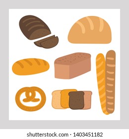 Cute hand drawn doodle bread set including white bread, french baguette, pretzel, slices of bread. Illustrations for bakery, menu, restaurant
