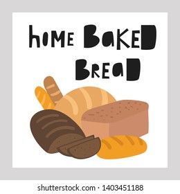 Cute hand drawn doodle bread set including white bread, french baguette, pretzel, slices of bread. Illustrations for bakery, menu, restaurant
