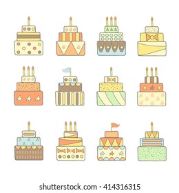 Cute hand drawn doodle cakes set, icons. 