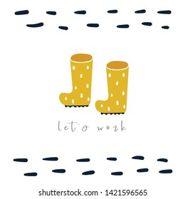 Cute hand drawn doodle card, postcard, cover, banner with gardening rubber boots. Funny poster for garden season with text space