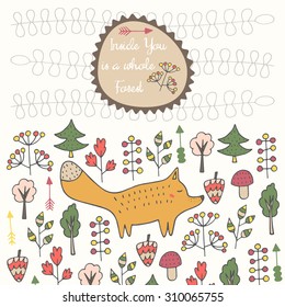 Cute hand drawn doodle card, brochure, cover with orange fox, trees, flowers, berries, mushrooms, leaves, plants, forest nature elements and text space. Motivating quote postcard