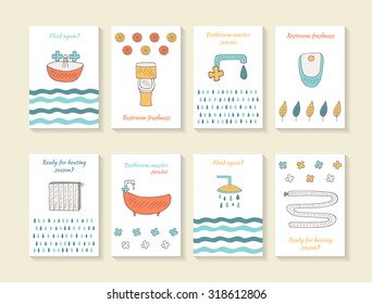 Cute Hand Drawn Doodle Card, Brochures, Covers With Bathroom, Restroom, Toilet Equipment Including Sink, Bath, Toilet Sink, Toilet Bowl, Shower, Radiator, Heated Towel Rail, Flood, Water Drops, Tap.