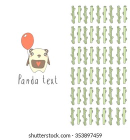 Cute hand drawn doodle card, brochure, cover with panda, balloon, heart, bamboo. Baby shower postcard. Positive background