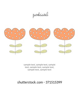 Cute hand drawn doodle card with flower, leaves, text space. Spring floral background