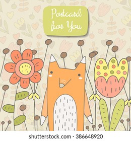 Cute hand drawn doodle card, brochure, cover with orange fox, trees, flowers, berries, mushrooms, leaves, plants, forest nature elements and text space. Motivating quote postcard
