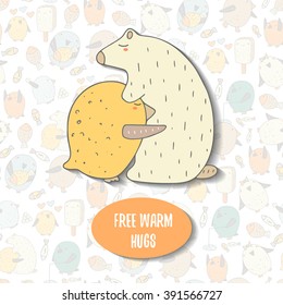 Cute hand drawn doodle card, background with hugging white polar bear and penguins. Free warm hugs postcard. Positive, motivating poster about friendship