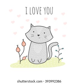 Cute hand drawn doodle card with a cat and flowers. Vector illustration with romantic love quote. Minimalistic style.