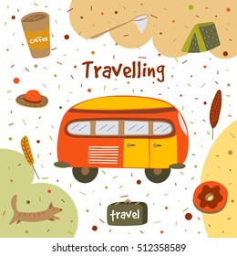 Cute hand drawn doodle card, postcard with travellng bus, cup of coffee, tent, donut, dog, luggage, feather, hat, butterfly net. Background for children