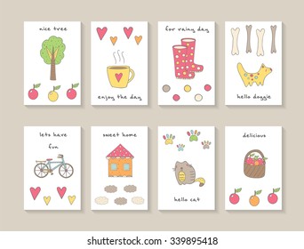 Cute hand drawn doodle cards, brochures, invitations with tree, cup of tea, hearts, apples, dog, bike, house, clouds, cat, basket, circles, paw prints. Cartoon animals, objects background for children