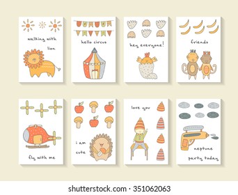Cute hand drawn doodle cards, brochures, invitations with lion, circus, flags, sun, chicken, egg, monkey, banana, helicopter, apple, hedgehog, pistol. Cartoon animals, objects background for children