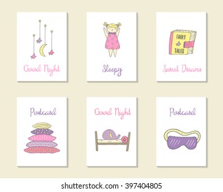 Cute hand drawn doodle cards, brochures, invitations with pillow, bed, moon, stars, sleepy girl, whale, book with fairy tales, night blindfold. Cartoon objects background. Printable templates set