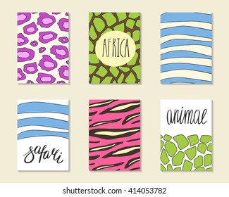 Cute hand drawn doodle cards, brochures, covers with wild animals patterns including tiger, zebra, giraffe, cheetah. Background with african animals pattern