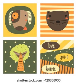 Cute hand drawn doodle cards, brochures, invitations with pets, dog, cat, tree, polka dots, stripes. Cartoon animals, objects background for children