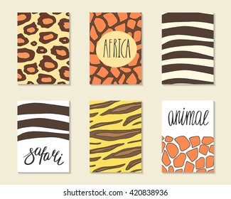 Cute hand drawn doodle cards, brochures, covers with wild animals patterns including tiger, zebra, giraffe, cheetah. Background with african animals patterns