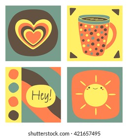 Cute hand drawn doodle cards, brochures, invitations with sun, heart, cup, waves, polka dots. Cartoon objects background for children