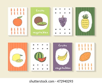 Cute hand drawn doodle cards, brochures  with fruits and vegeatables including orange, kiwi, grapes, pineapple, lemon, watermelon, banana,mango. Cartoon fruits background. Printable templates,tags set