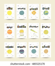 Cute hand drawn doodle cards, brochures with comic objects, planets including sun, mercury, venus, earth, mars, jupiter, saturn, uranus, neptune, pluto, stars, galaxy, comet, milky way, telescope