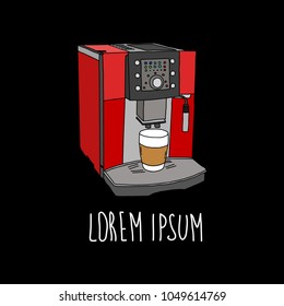 Cute hand drawn doodle cartoon coffee making machine icon isolated on the black background. Coffee sticker