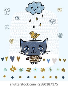 Cute hand drawn doodle cat, bird and cloud with hearts, flowers, dots and raindrops in blue, grey and brown colors