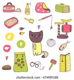 Cute hand drawn doodle cat stuff, objects including cage, mice toy, ball, toilet, bed, playground, food, brush, leash, fish, no smell spray, scratching post. Kitten objects icon