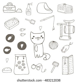 Cute hand drawn doodle cat stuff, objects including cage, mice toy, ball, toilet, bed, playground, food, brush, leash, fish, no smell spray, scratching post. Kitten objects icon