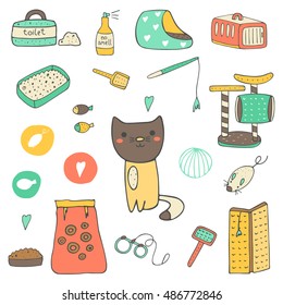 Cute hand drawn doodle cat stuff. Kitten objects icons.
