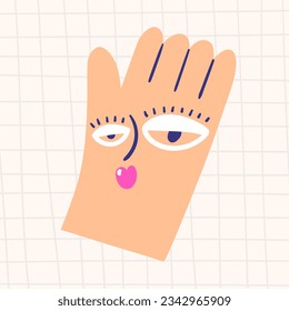 Cute hand drawn doodle hand character with woman face. Funny trendy cartoon style icon for girl, lady, women. Illustration in surrealistic style