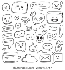Cute hand drawn doodle chat icons and speech bubbles perfect for social media design projects.