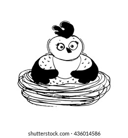 Cute hand drawn doodle chicken sitting in nest