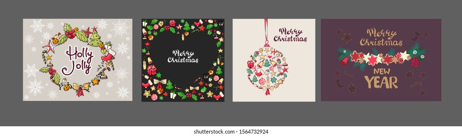 Cute hand drawn doodle Christmas cards, brochures, postcards with socks, christmas tree, present, snowflakes, balls, snow. Christmas holiday background, elements.