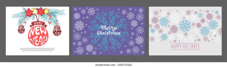 Cute hand drawn doodle Christmas cards, brochures, postcards with christmas, balls, snow snowflake. Christmas holiday background, elements.